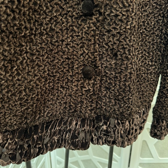 {Silkland} VTG Chocolate Brown Crinkle Knit Cardigan Jacket, Velvet Floral Trim - Picture 5 of 12